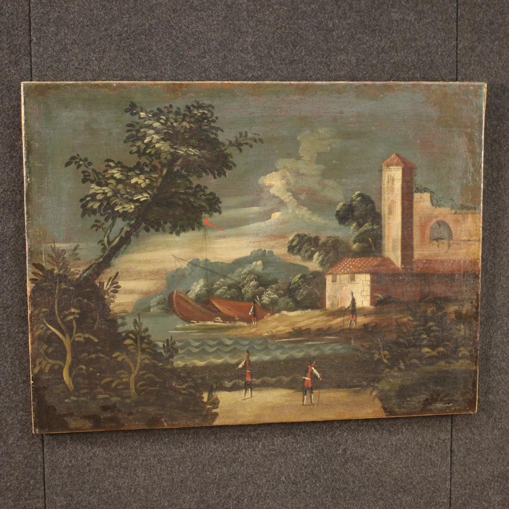 18th Century Oil on Canvas Italian Seascape Painting Landscape Characters, 1770 For Sale 6