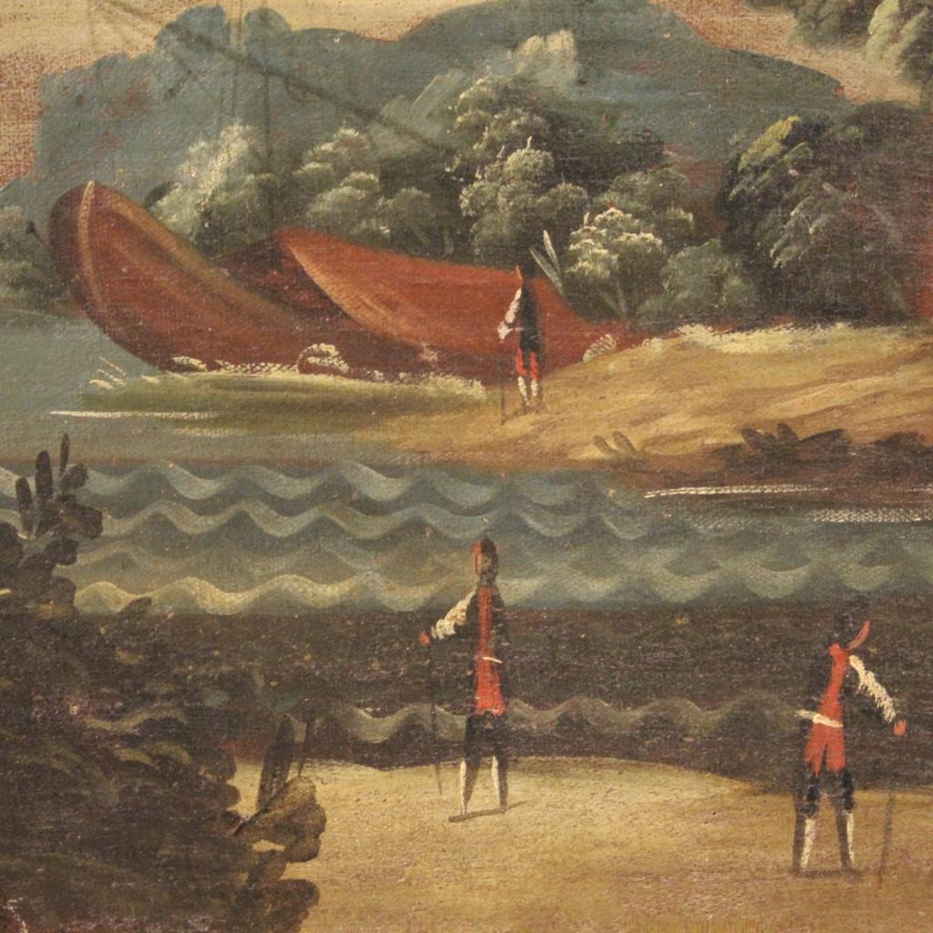 18th Century Oil on Canvas Italian Seascape Painting Landscape Characters, 1770 For Sale 8