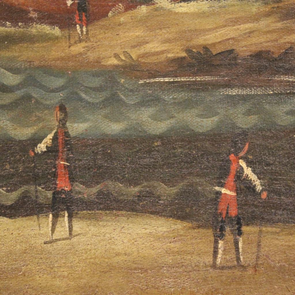 18th Century Oil on Canvas Italian Seascape Painting Landscape Characters, 1770 For Sale 9
