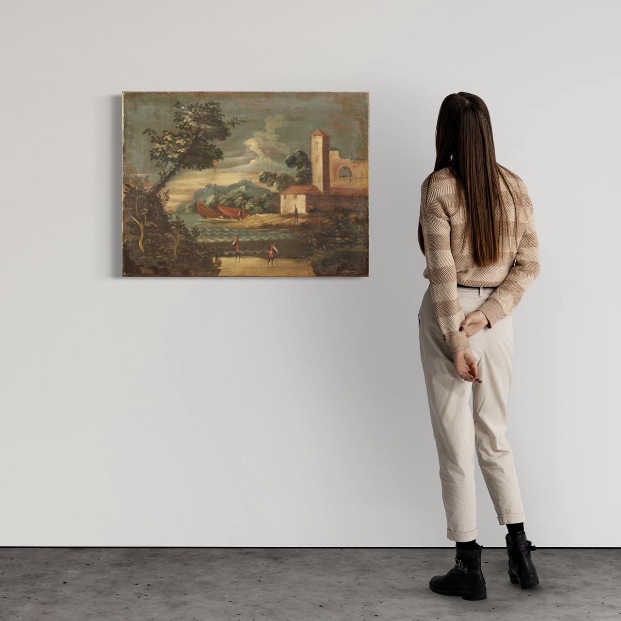Ancient Italian painting from the 18th century. Oil on canvas famework depicting a seascape with characters and architectures of good pictorial quality. Nice size painting and pleasantly decor for antique dealers, interior decorators and collectors