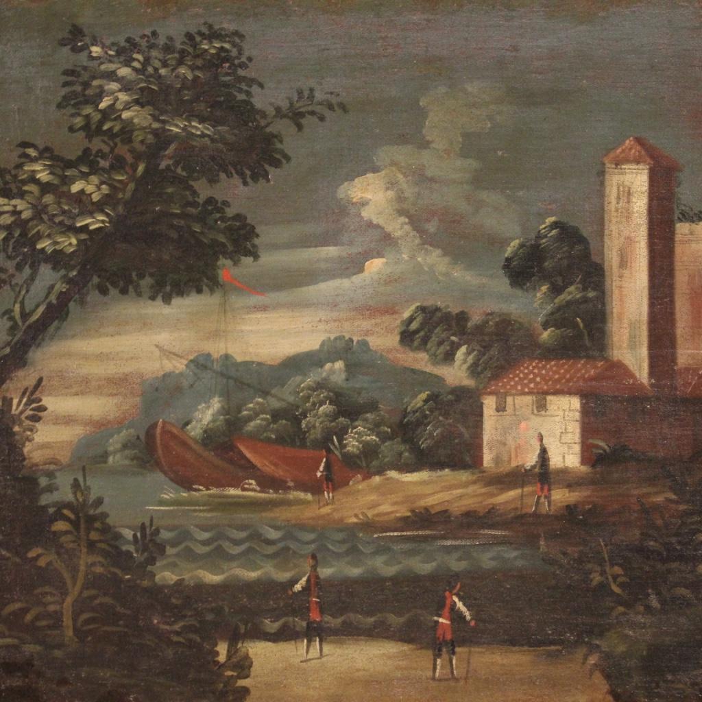Oiled 18th Century Oil on Canvas Italian Seascape Painting Landscape Characters, 1770 For Sale