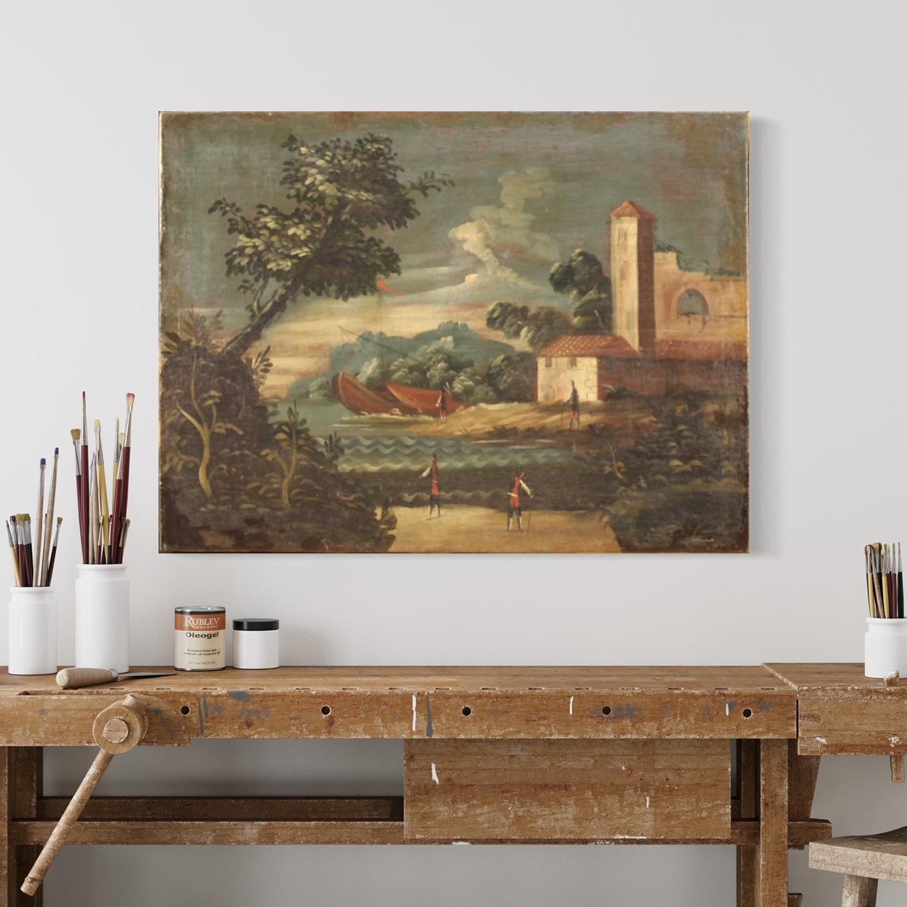 18th Century Oil on Canvas Italian Seascape Painting Landscape Characters, 1770 In Good Condition For Sale In Vicoforte, Piedmont