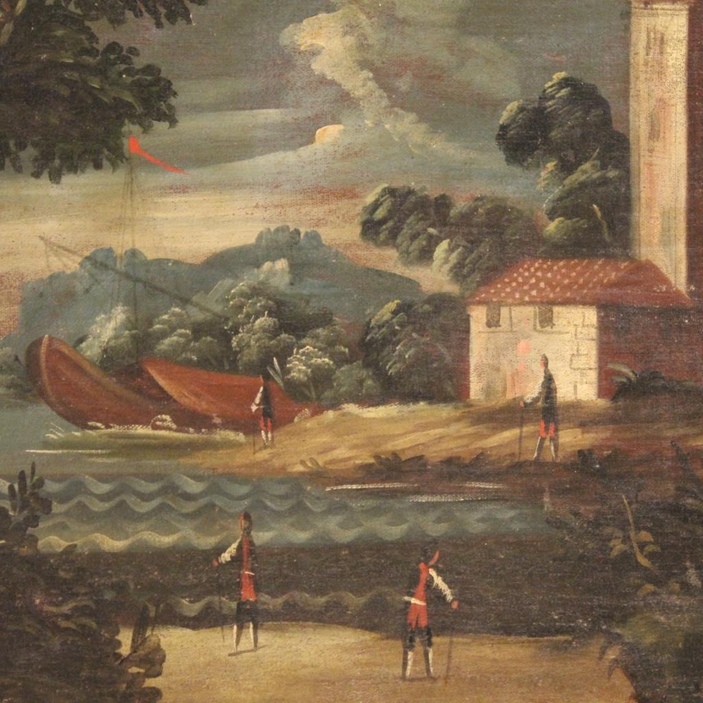 18th Century Oil on Canvas Italian Seascape Painting Landscape Characters, 1770 For Sale 2