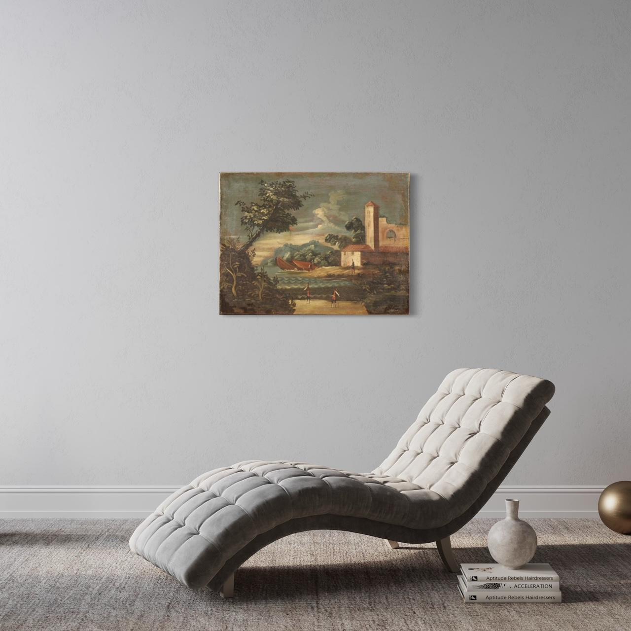 18th Century Oil on Canvas Italian Seascape Painting Landscape Characters, 1770 For Sale 3