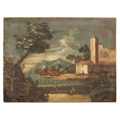 18th Century Oil on Canvas Italian Seascape Painting Landscape Characters, 1770