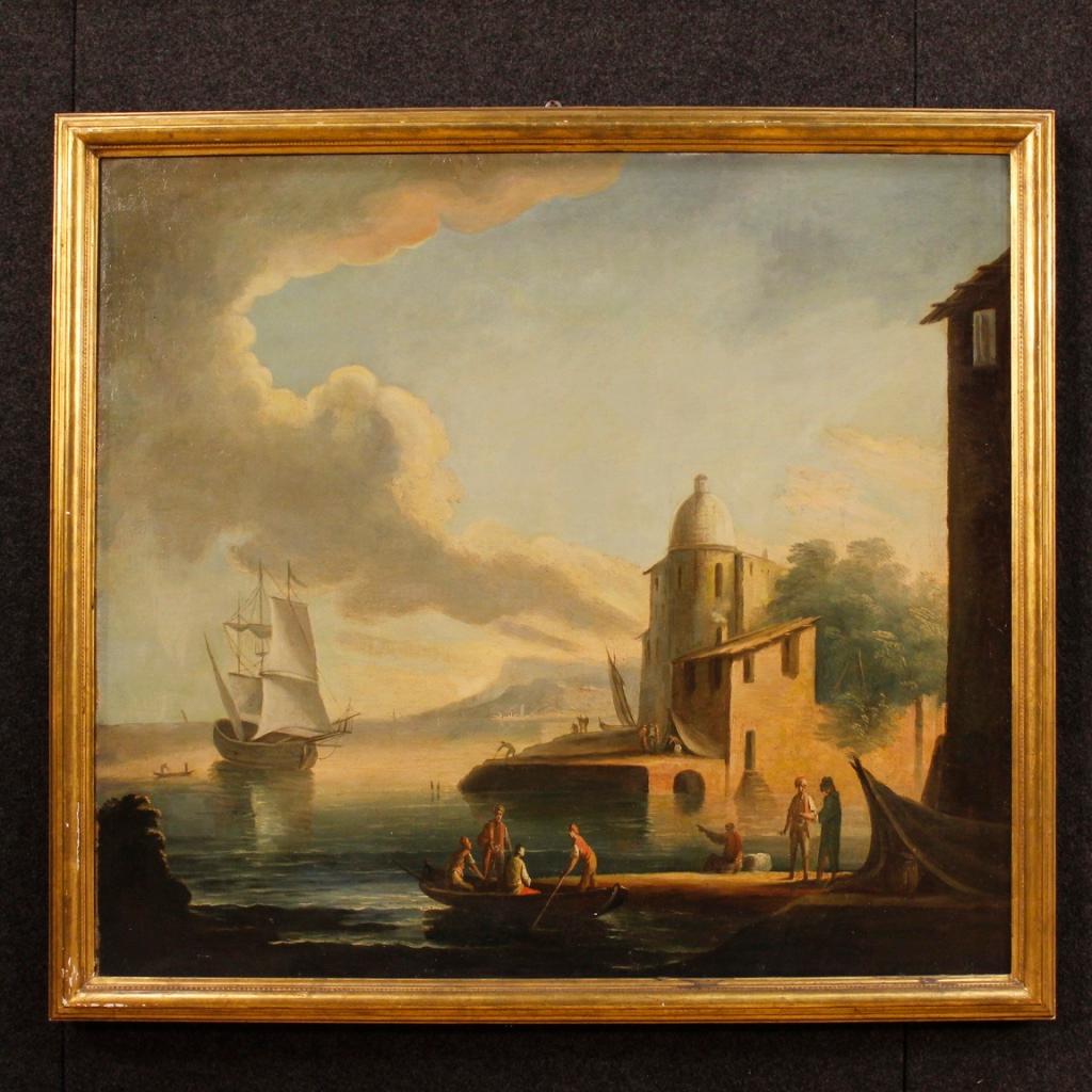 Pair of 18th century Italian paintings. Oil frameworks on canvas depicting seascapes with characters and boats of excellent pictorial quality. Paintings of great measure and impact ideal to be placed in a living room or studio. Modern carved and