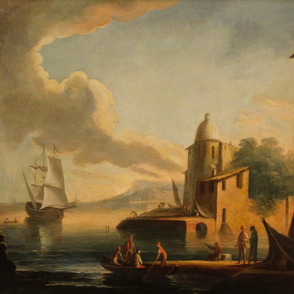 Gilt 18th Century Oil on Canvas Italian Seascapes Pair of Paintings, 1780