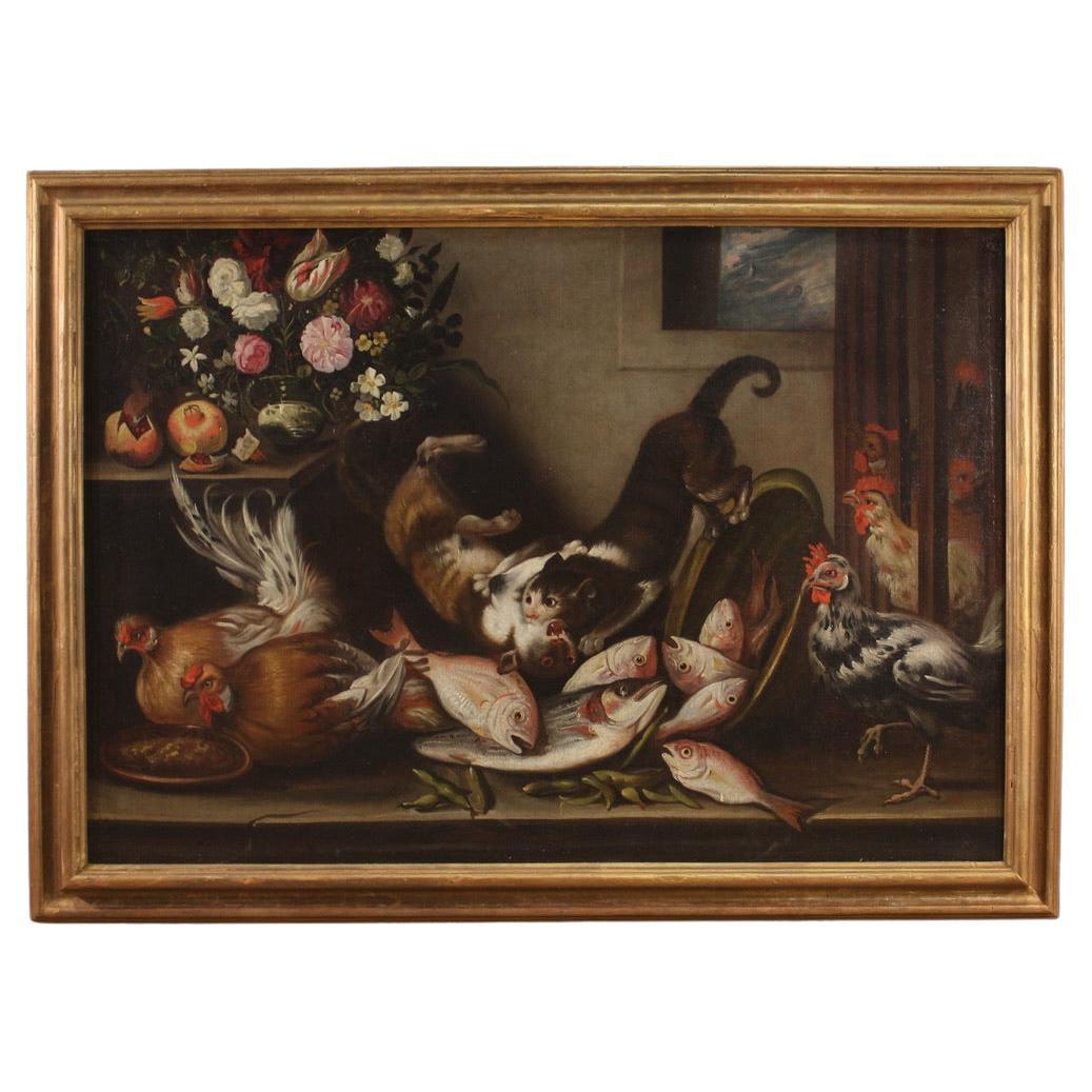 18. Jahrhundert Öl auf Leinwand Italienisches Stilleben, Tiere, Blumen, 1760