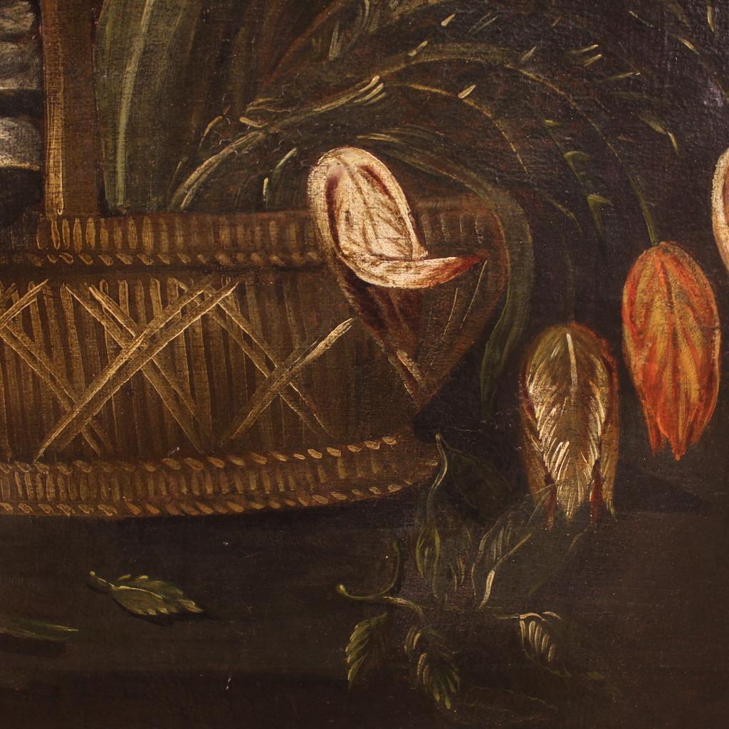  18th Century Oil On Canvas Italian Still Life Painting Basket with Flowers 1770 For Sale 9