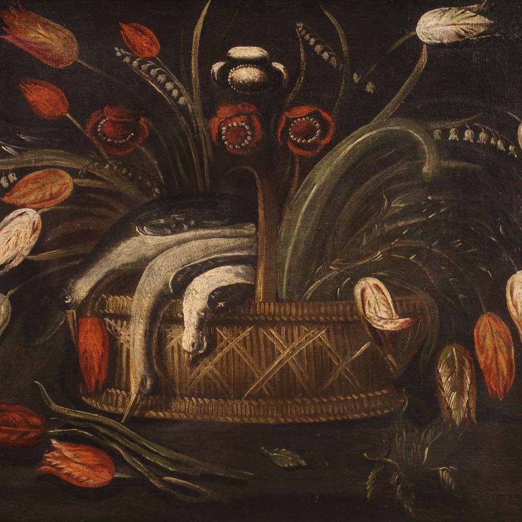  18th Century Oil On Canvas Italian Still Life Painting Basket with Flowers 1770 For Sale 11