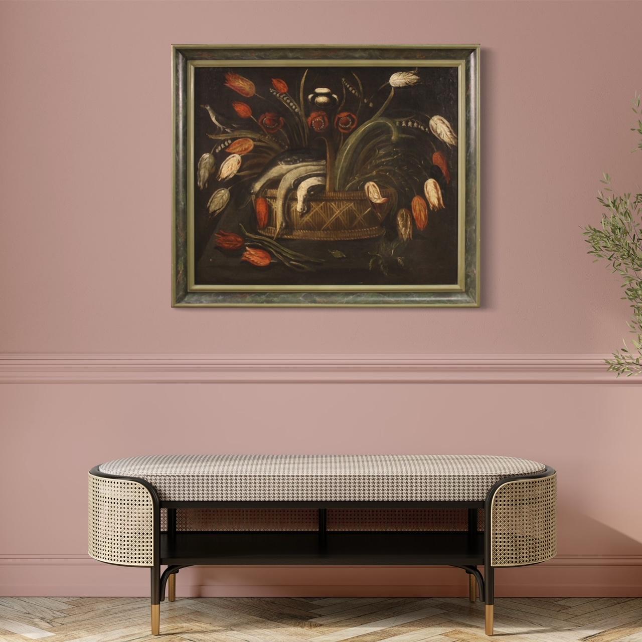 Ancient Italian painting from the 18th century. Oil on canvas framework depicting still life, large basket with flowers and game, of good pictorial quality. Painting adorned with a modern, carved and lacquered wooden frame, of beautiful decoration.