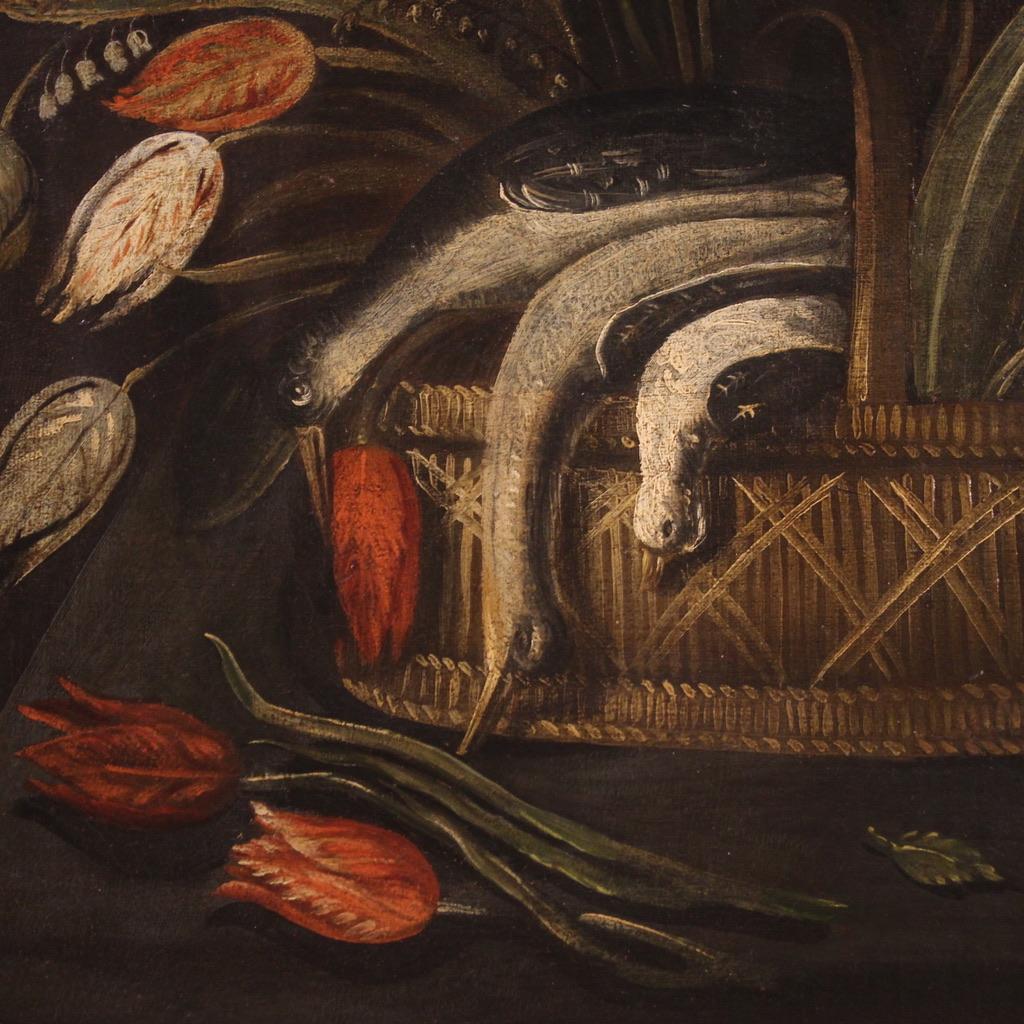 Late 18th Century  18th Century Oil On Canvas Italian Still Life Painting Basket with Flowers 1770 For Sale