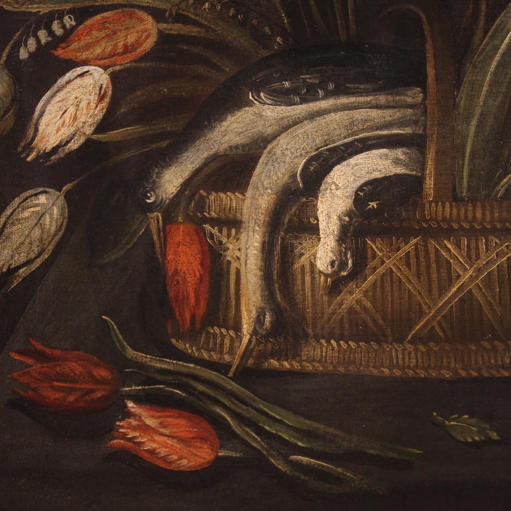 Late 18th Century 18th Century Oil On Canvas Italian Still Life Painting Basket with Flowers 1770