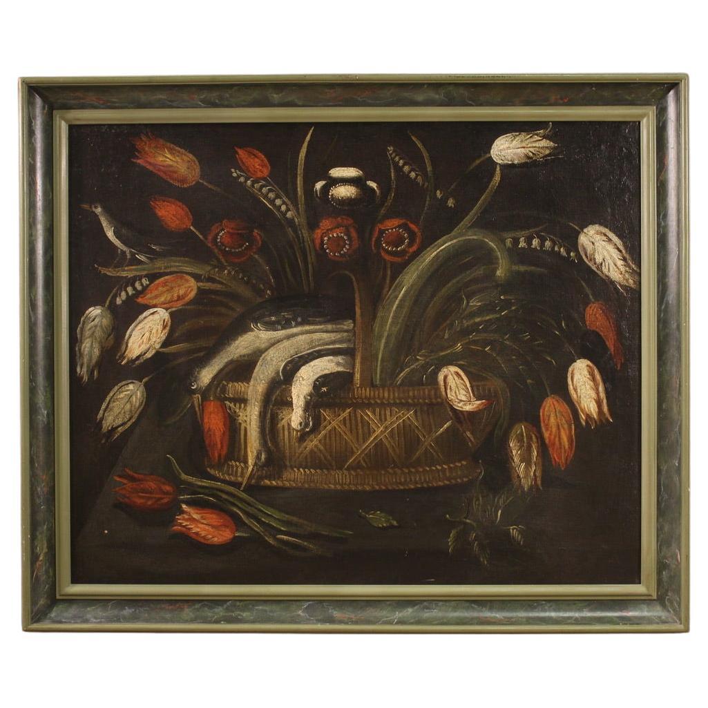  18th Century Oil On Canvas Italian Still Life Painting Basket with Flowers 1770 For Sale