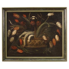 Antique  18th Century Oil On Canvas Italian Still Life Painting Basket with Flowers 1770
