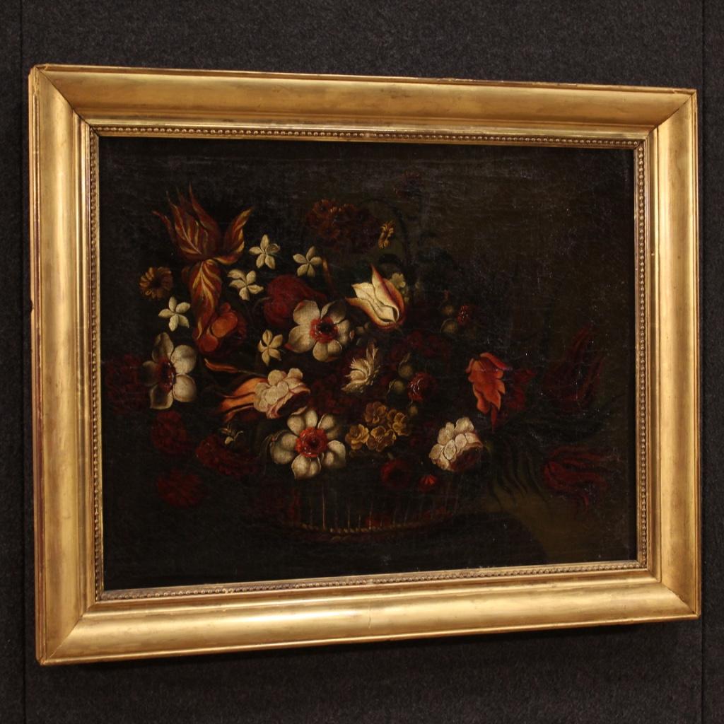 18th Century Oil on Canvas Italian Still Life Painting Vase with Flowers, 1770 In Good Condition In Vicoforte, Piedmont
