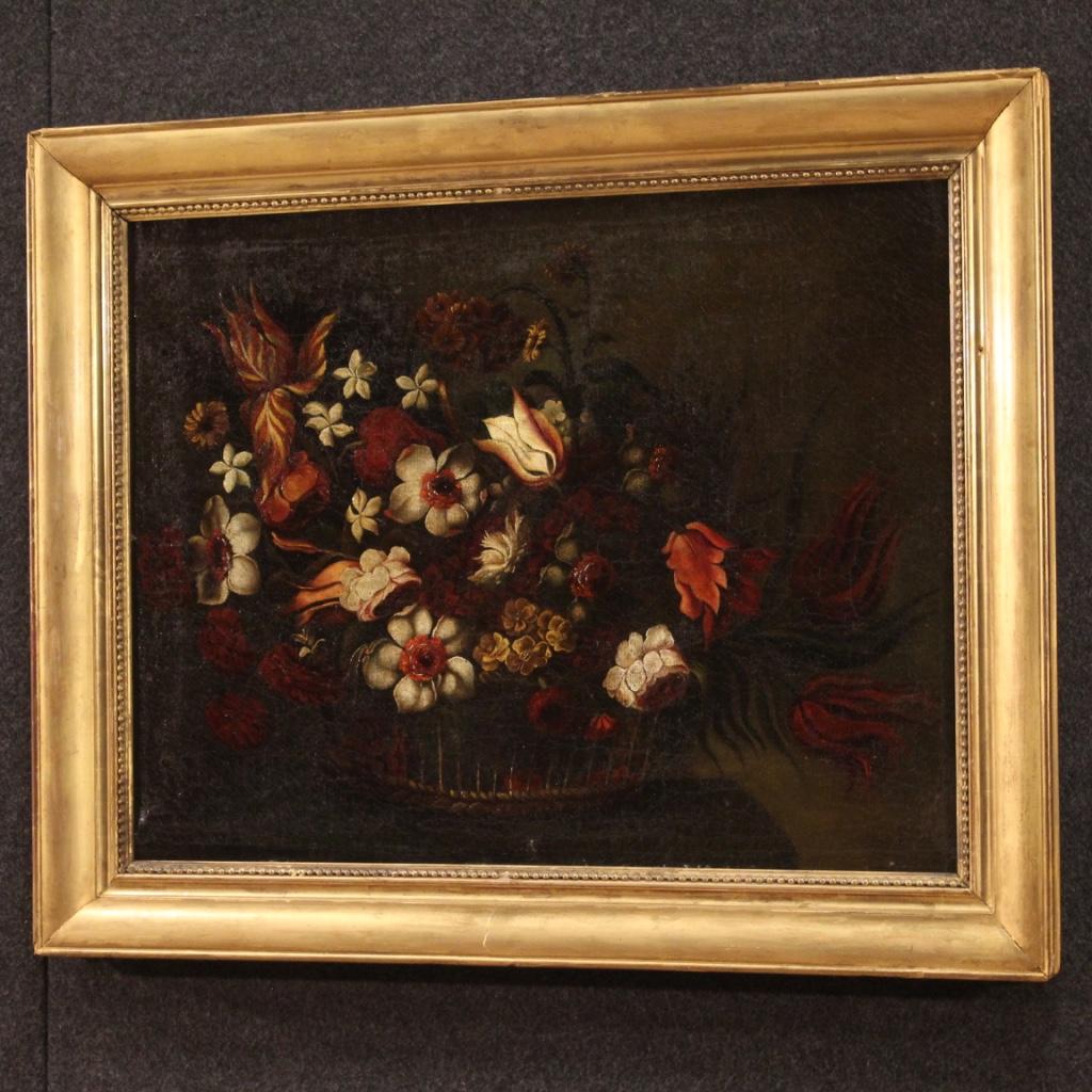 18th Century Oil on Canvas Italian Still Life Painting Vase with Flowers, 1770 4