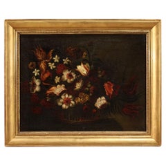 Antique 18th Century Oil on Canvas Italian Still Life Painting Vase with Flowers, 1770
