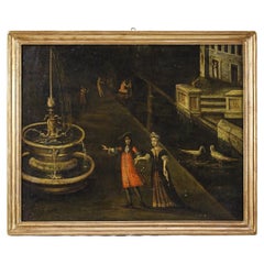 18th Century Oil on Canvas of a Courting Couple by a Fountain