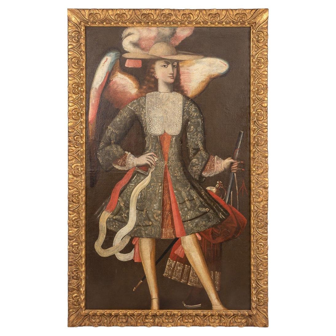 Óleo sobre Lienzo del Siglo XVIII de un Ángel Arcabucero 'Cusco, Perú'