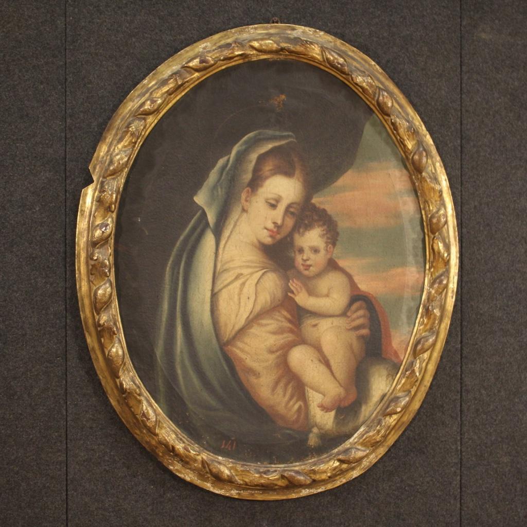 18th Century Oil on Canvas Oval Italian Antique Painting Madonna with Child 1750 For Sale 8