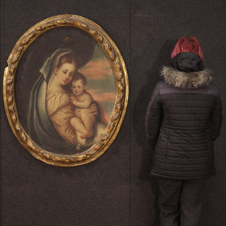 18th Century Oil on Canvas Oval Italian Antique Painting Madonna with ...