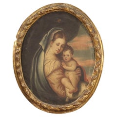 Siglo XVIII Óleo sobre lienzo Pintura antigua italiana ovalada Virgen con el Niño 1750