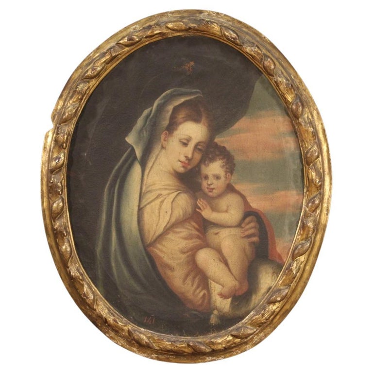 18th Century Oil on Canvas Oval Italian Antique Painting Madonna with ...