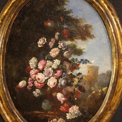 18th-Century Oval Italian Still Life Painting in Oil on Canvas, 1780