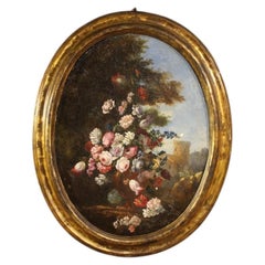 18th-Century Oval Italian Still Life Painting in Oil on Canvas, 1780