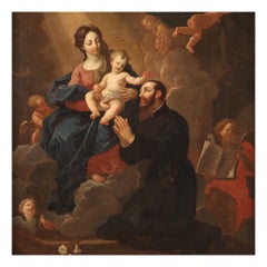 Peinture à l'huile sur toile du 18e siècle représentant une Madone avec un enfant et une Zaccaria baptême 1750