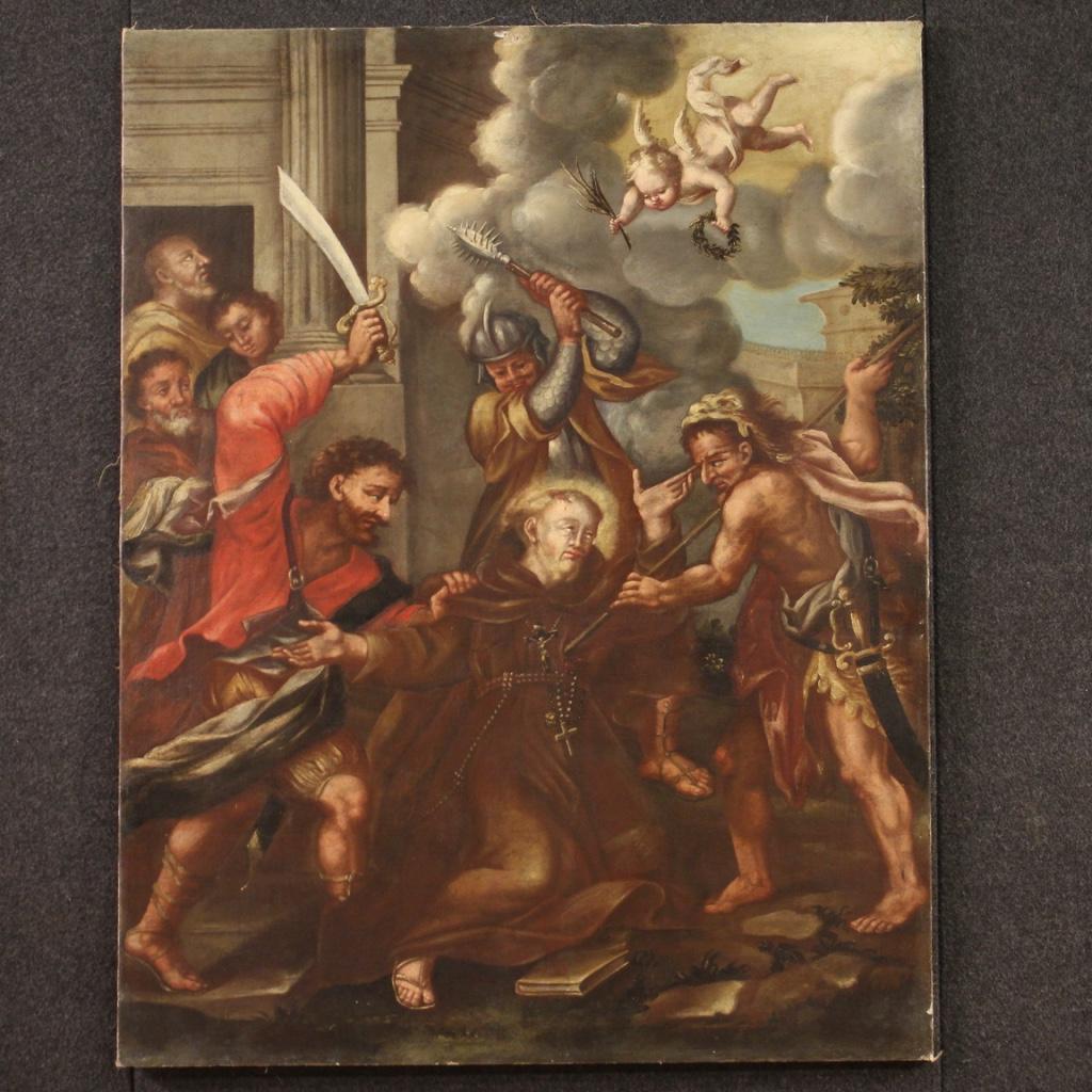 Antique Italian painting from the 18th century. Artwork oil on canvas depicting a religious subject Martyrdom of Fidelis from Sigmaringen (Markus Roy) of good pictorial quality. Painting of beautiful size and great character for antique dealers,