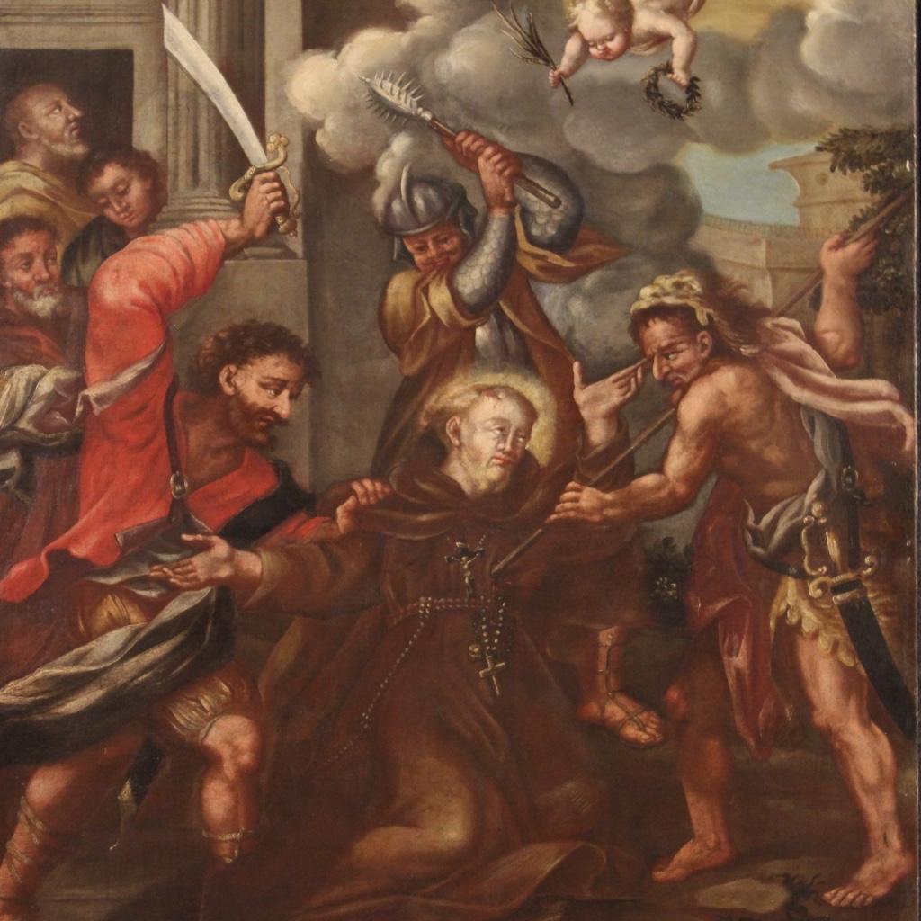 Italian 18th Century Oil On Canvas Painting Martyrdom of Saint Fidelis of Sigmaringen For Sale