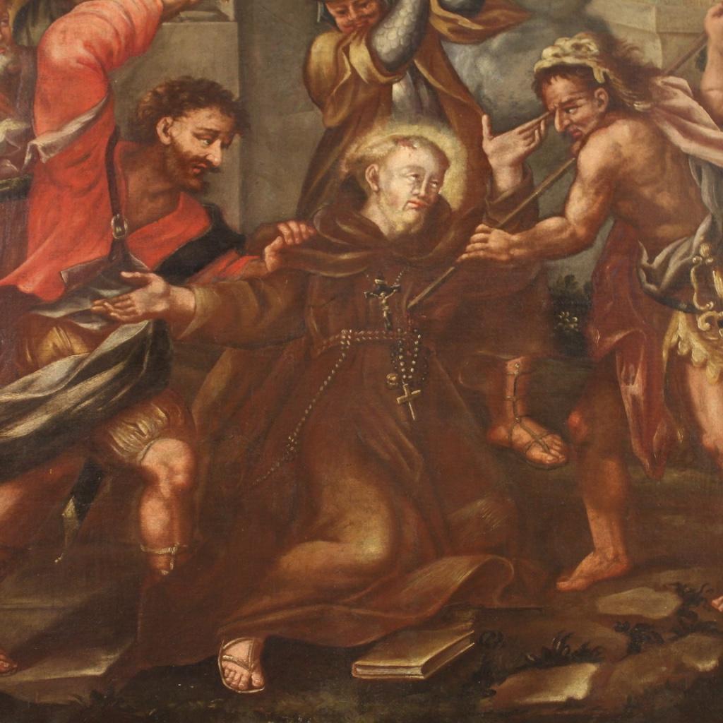 18th Century Oil On Canvas Painting Martyrdom of Saint Fidelis of Sigmaringen In Good Condition For Sale In Vicoforte, Piedmont