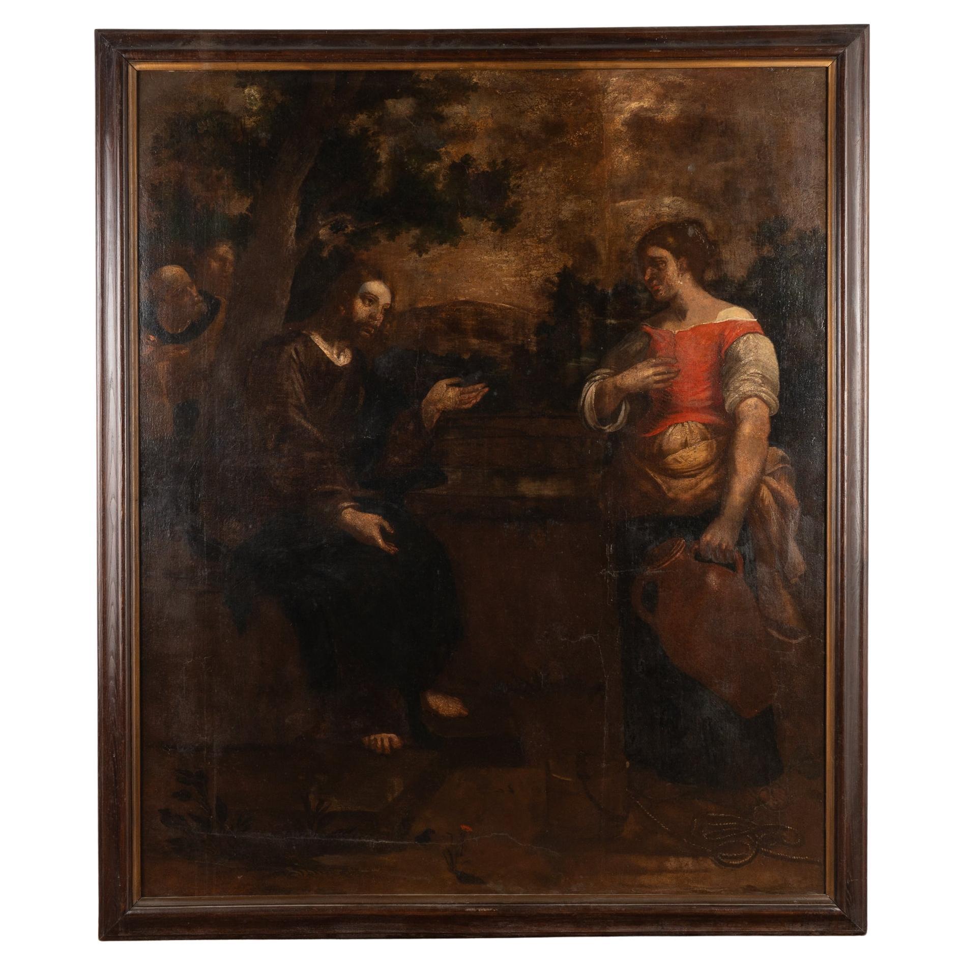 18th Century Oil on Canvas Painting of Christ & Woman at the Well, Portugal