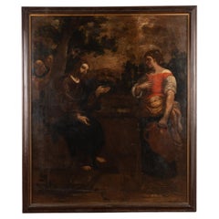 18th Century Oil on Canvas Painting of Christ & Woman at the Well, Portugal
