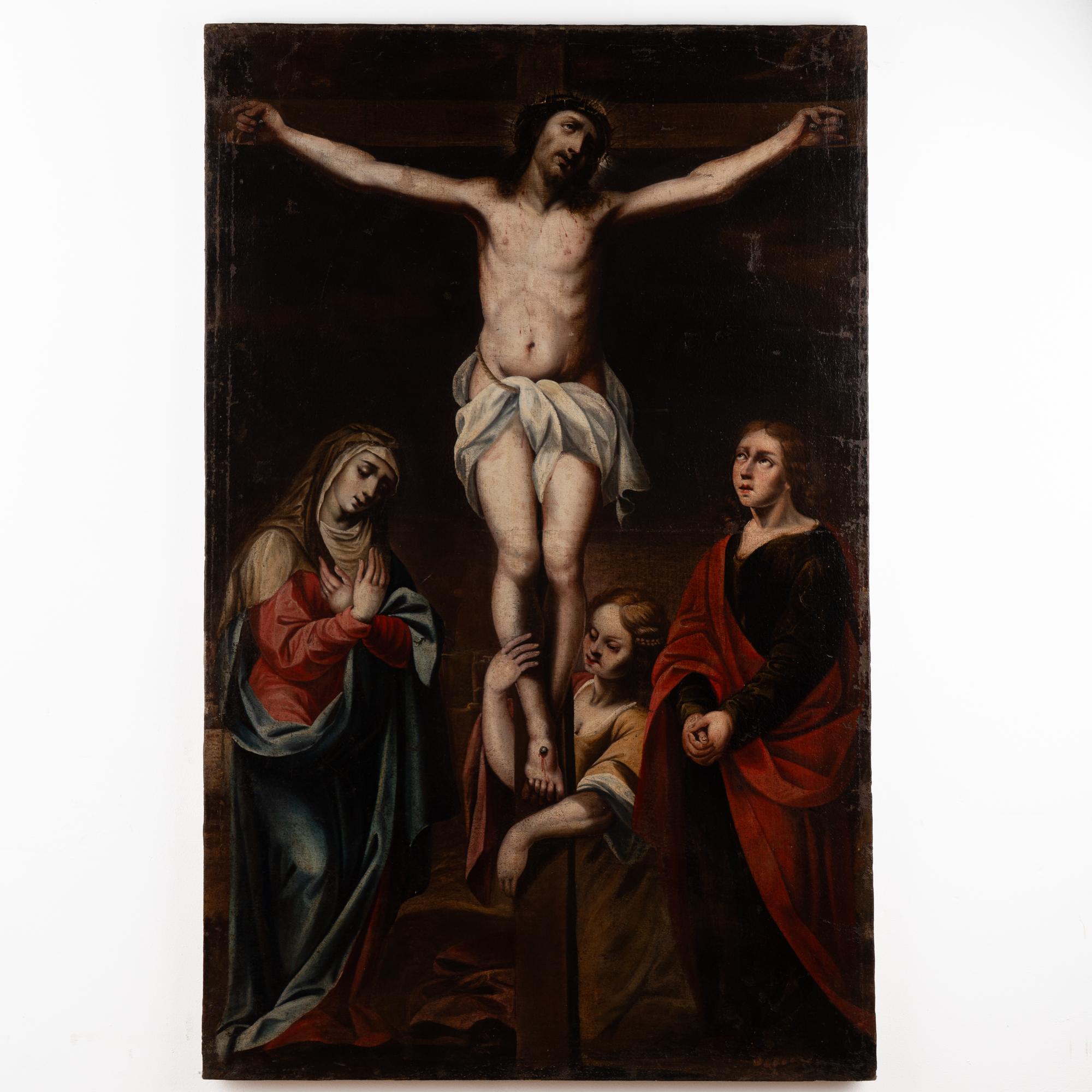 Large original oil on canvas painting of the crucifixion of Christ hanging on the cross, with his Mother Mary and two other female figures. Unframed, just over 4.5' tall.
Beautifully executed, unknown artist/no signature.
Canvas shows craquelure,