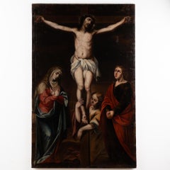 18th Century Oil on Canvas Painting of Crucifixion of Christ with Mother Mary