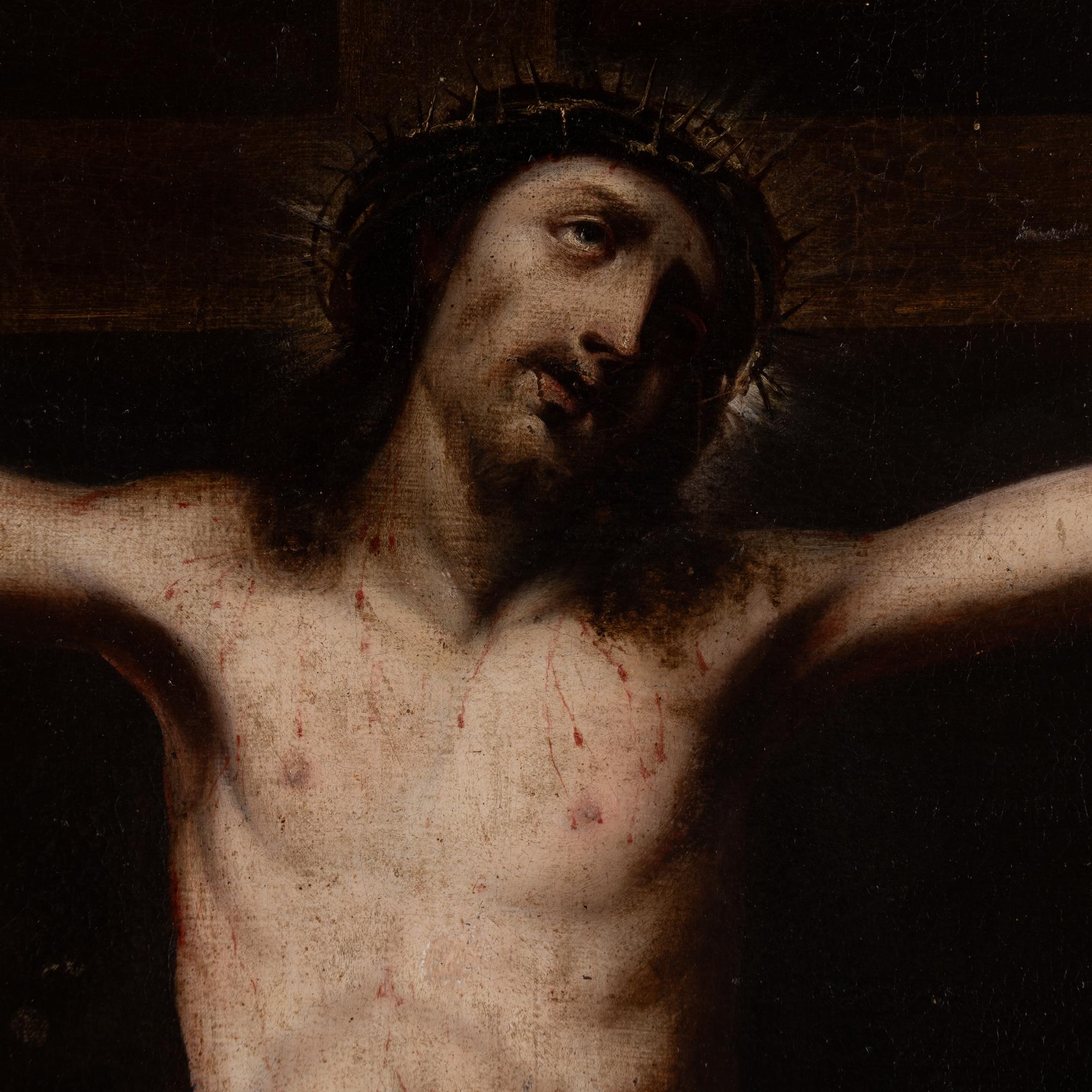 Spanish 18th Century Oil on Canvas Painting of Crucifixion of Christ with Mother Mary For Sale
