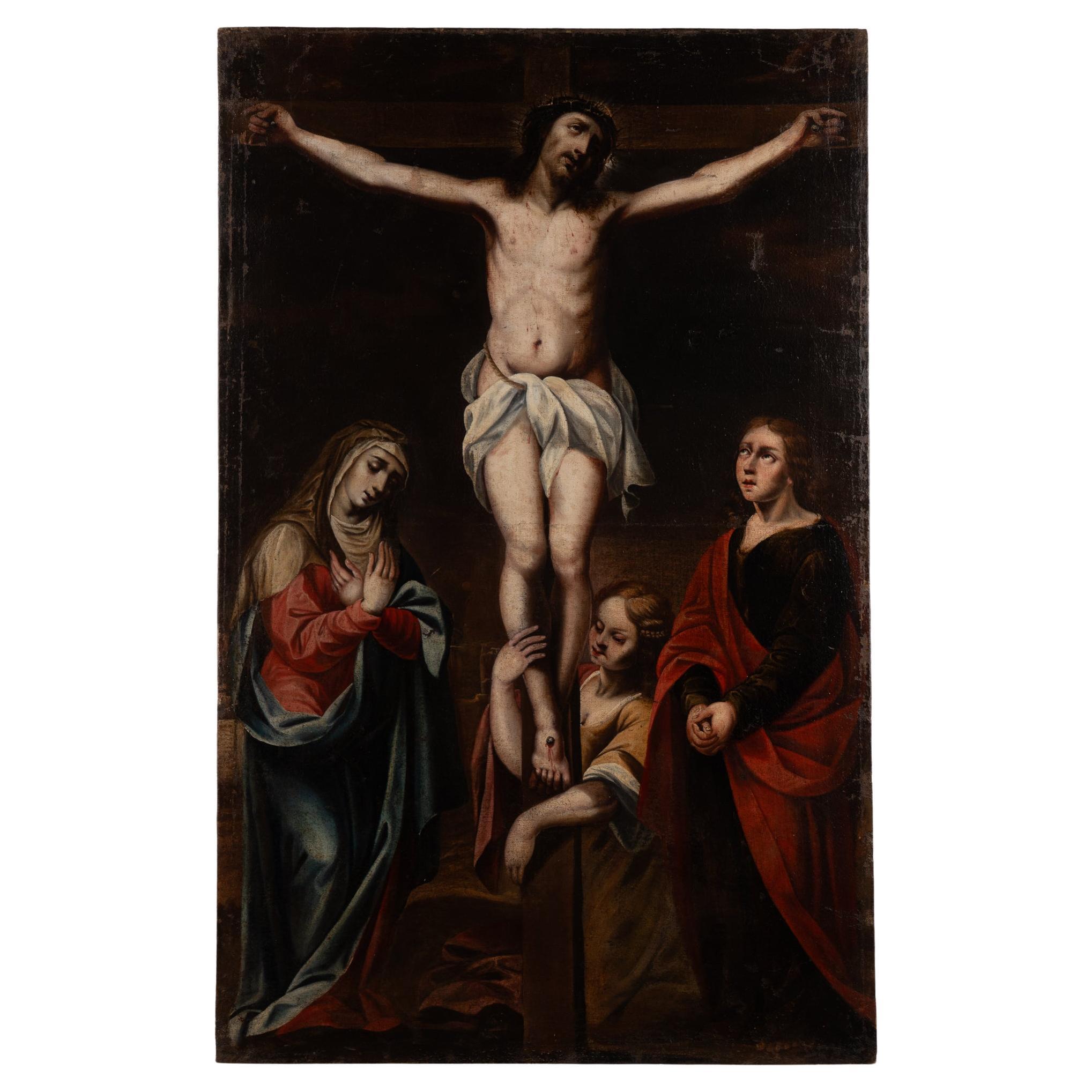 18th Century Oil on Canvas Painting of Crucifixion of Christ with Mother Mary For Sale