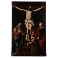 18th Century Oil on Canvas Painting of Crucifixion of Christ with Mother Mary
