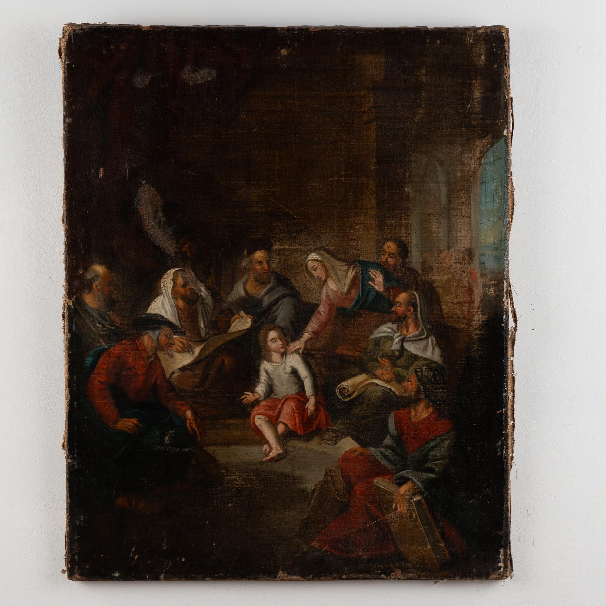 In this original oil on canvas painting, the young Christ is found in the temple in Jerusalem, conversing with teachers when discovered by his mother, Mary.
Old repairs (seen on front and back), peeling, scrapes, cracking/ craquelure, abrasions