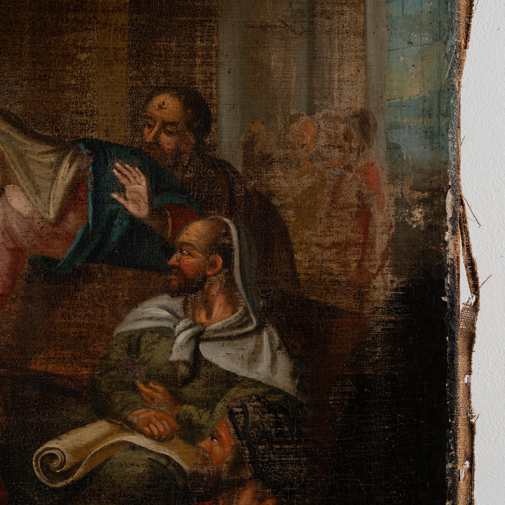 18th Century Oil on Canvas Painting of Young Christ in Temple with Teachers For Sale 1