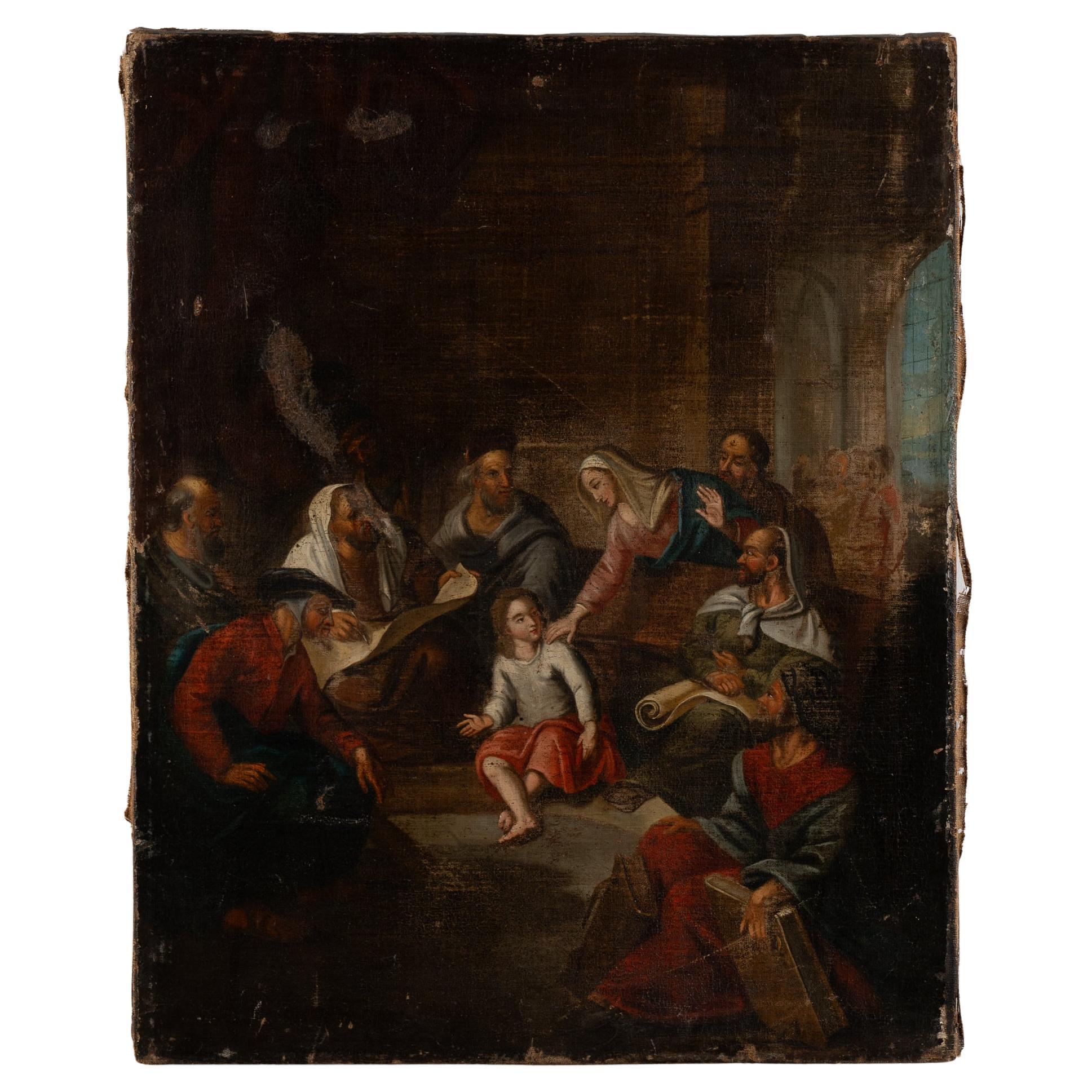 18th Century Oil on Canvas Painting of Young Christ in Temple with Teachers
