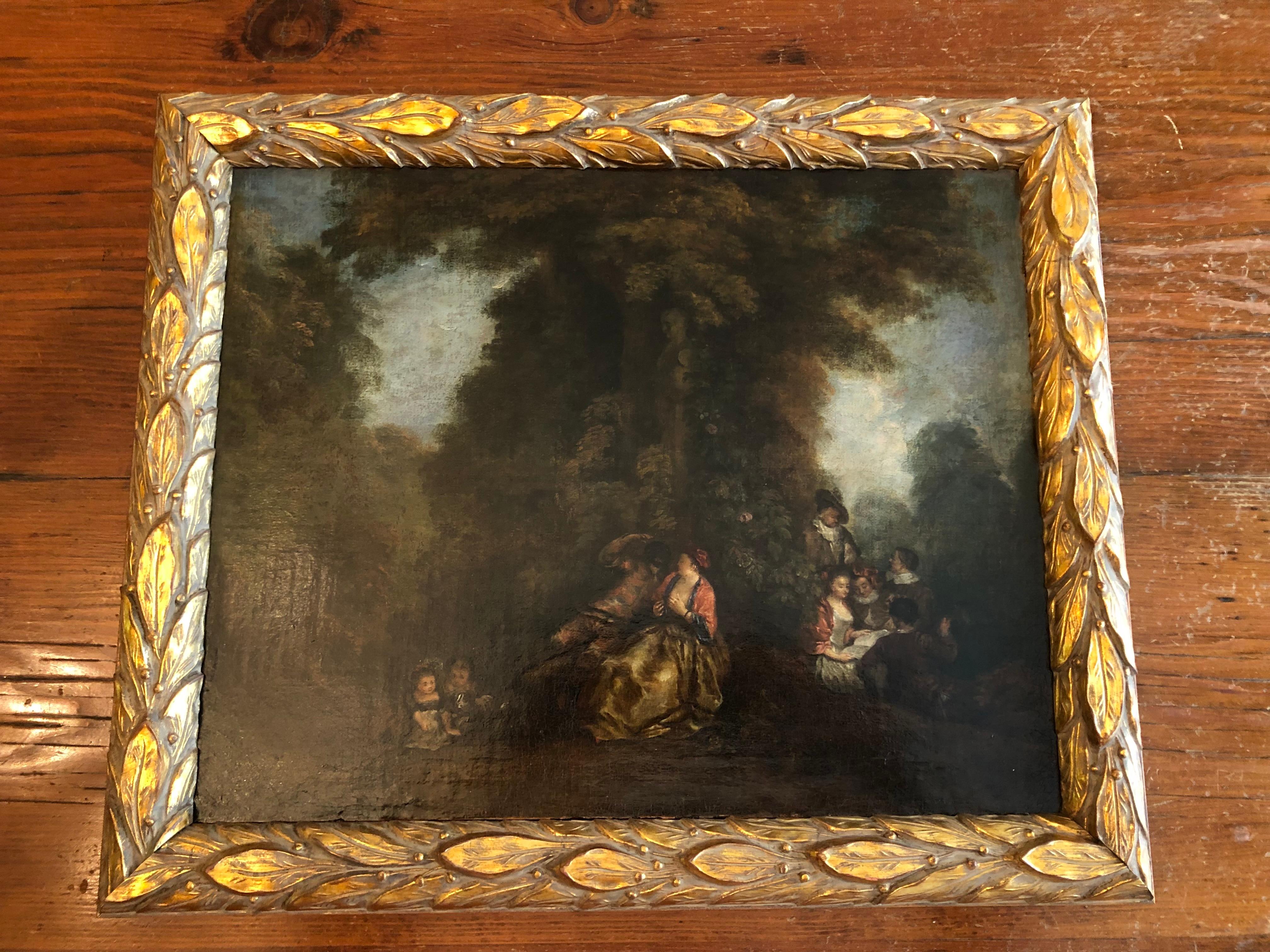 Une belle huile sur toile du XVIIIe siècle, représentant une scène de jardin typique de l'époque, également connue sous le nom de 