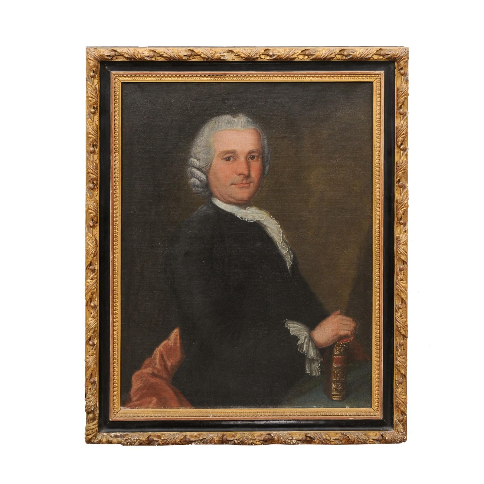 18th Century Oil on Canvas Portrait of a Gentleman in Gilt Frame, England
