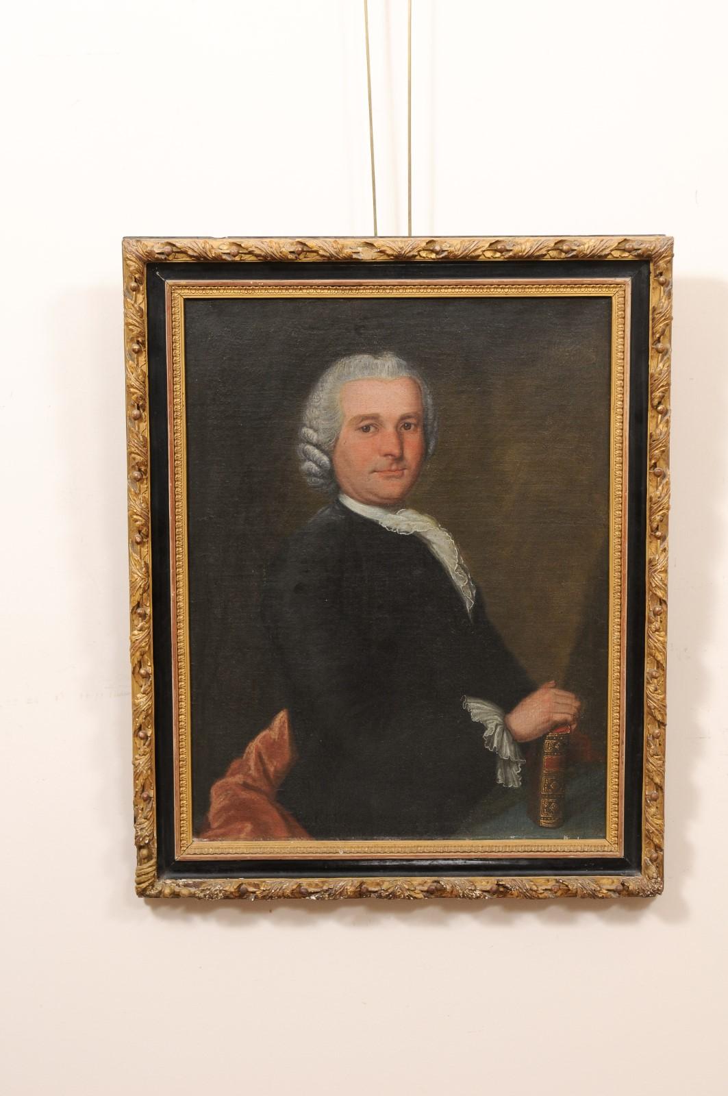 English 18th Century Oil on Canvas Portrait of a Gentleman in Gilt Frame, England For Sale