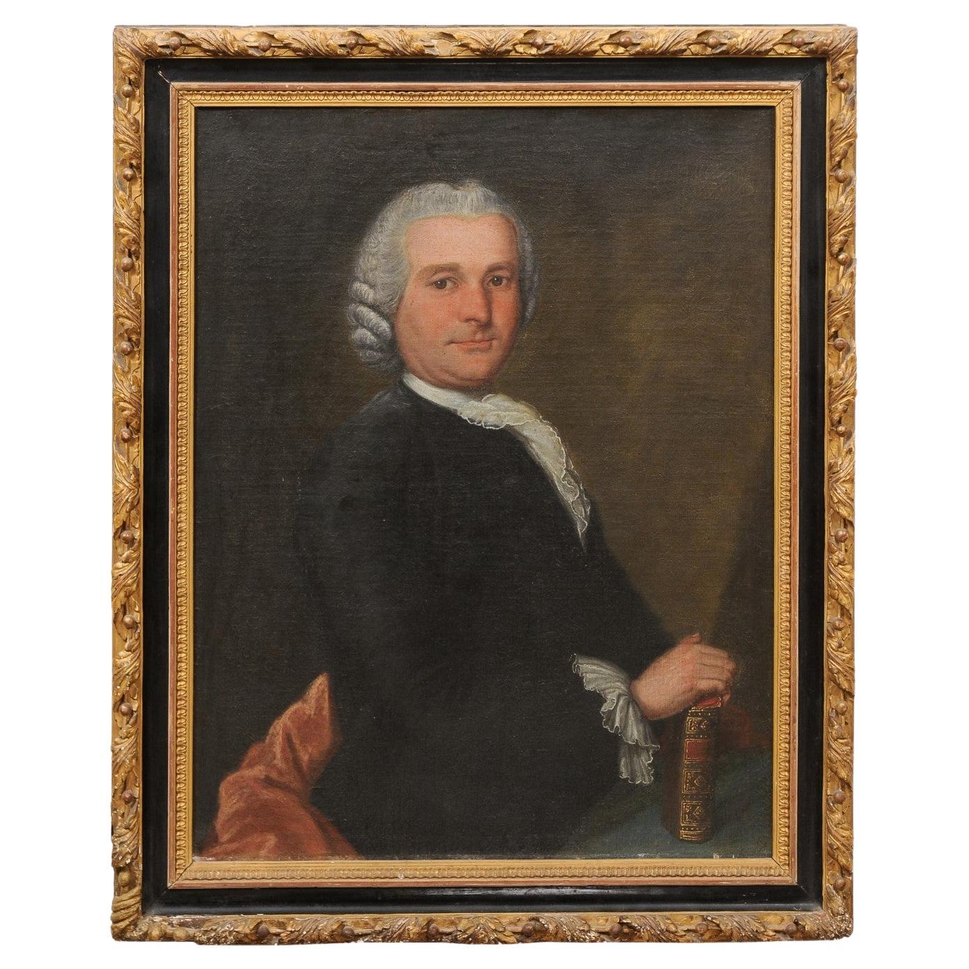 Huile sur toile du 18e siècle Portrait d'un gentleman dans un cadre doré, Angleterre