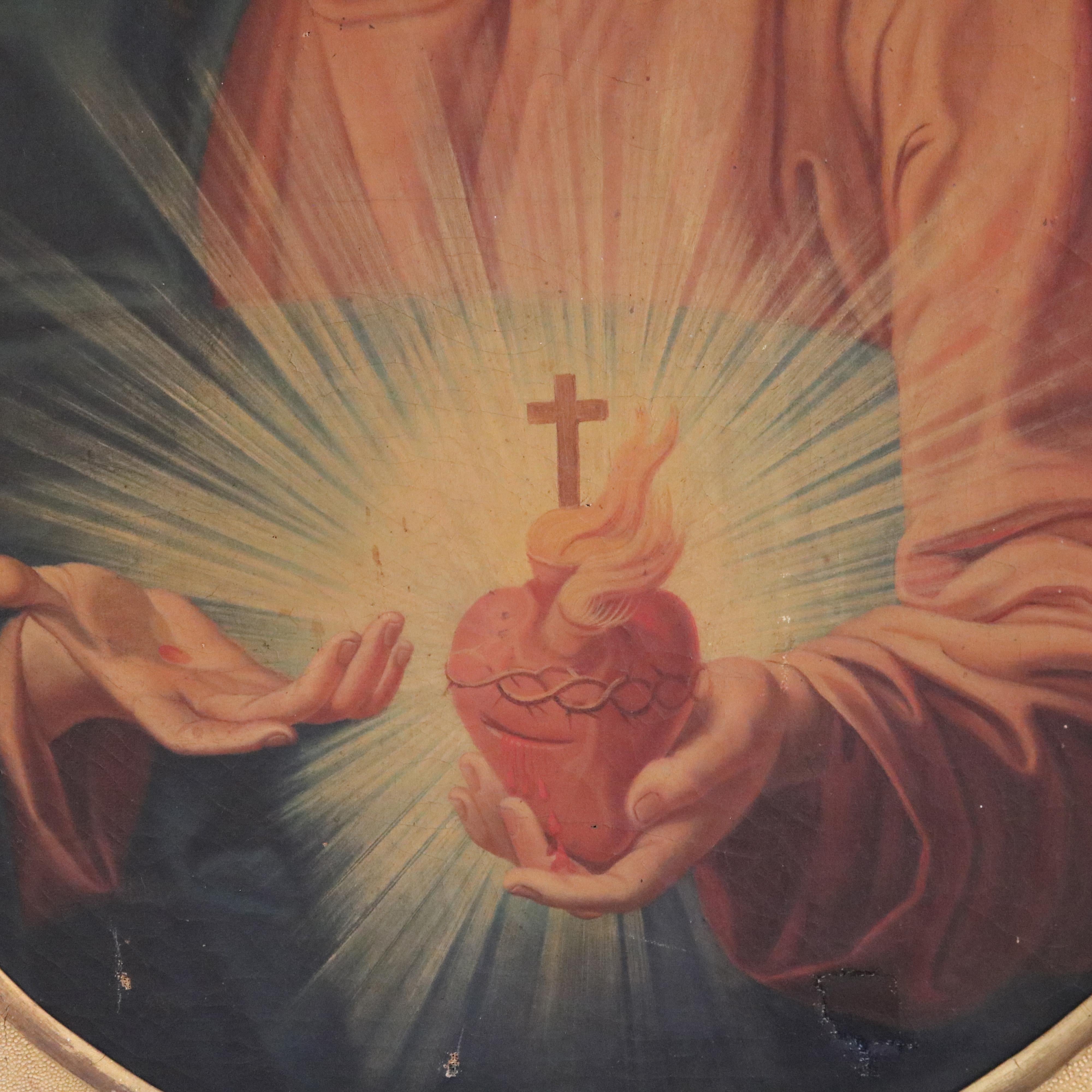 Large 18th Century Oil On Canvas Portrait Of Jesus Christ With Sacred Heart In Original Gilt Frame C1780

Measures 34.75