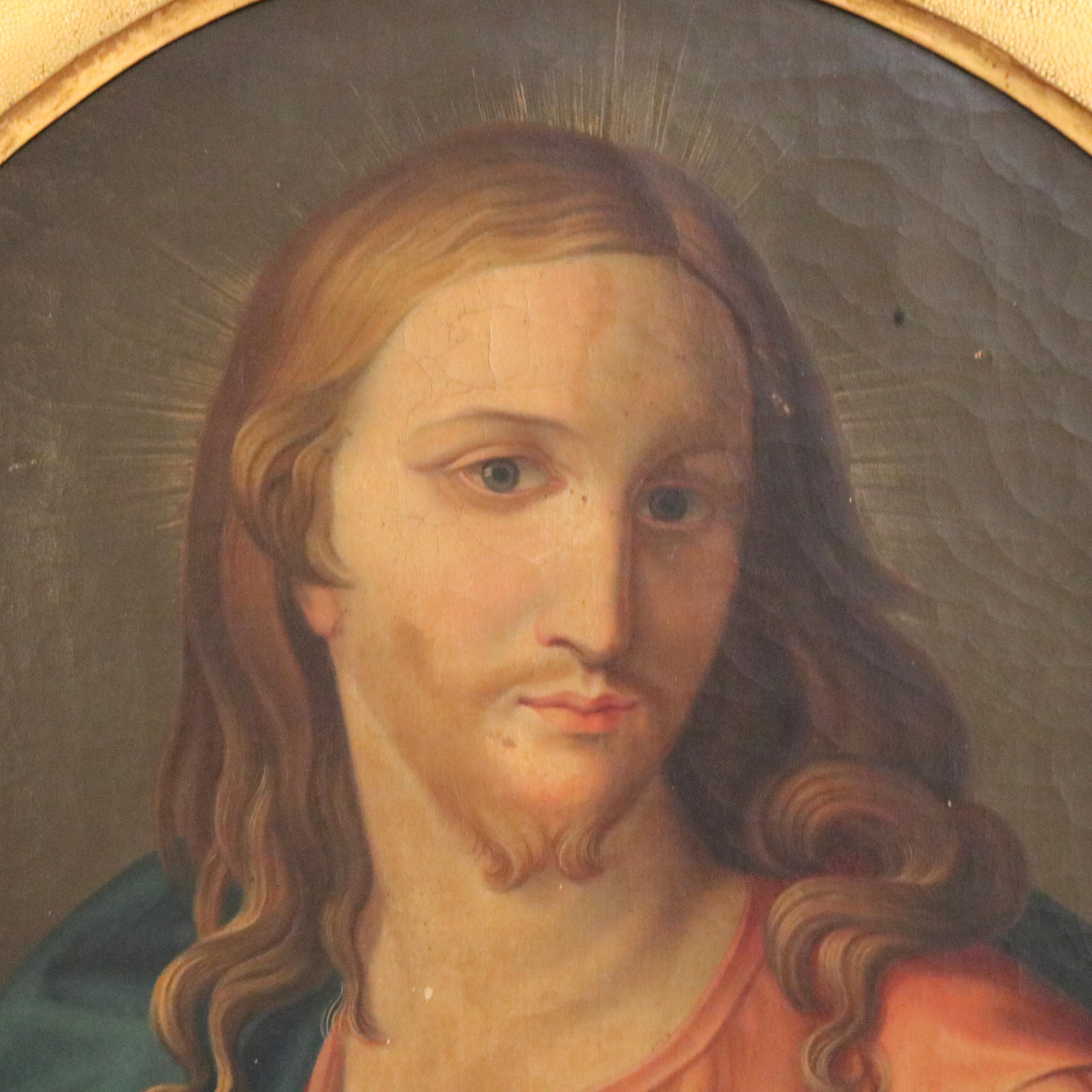 18th Century Oil On Canvas Portrait Of Jesus Christ With Sacred Heart C1780 In Good Condition In Big Flats, NY